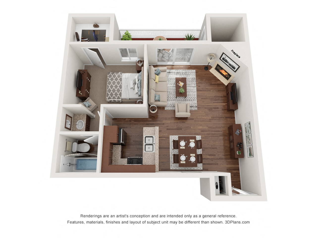 Floor plan for 1 bed, 1 bath, 770 sqft